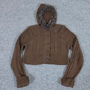 Y2K Spunky Women XL Brown Cable Knit Cropped Cardigan Faux Fur Hooded Sweater